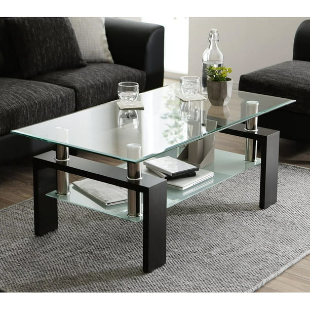 Modern Black & Clear Glass Chrome Living Room Coffee Table with Lower Shelf